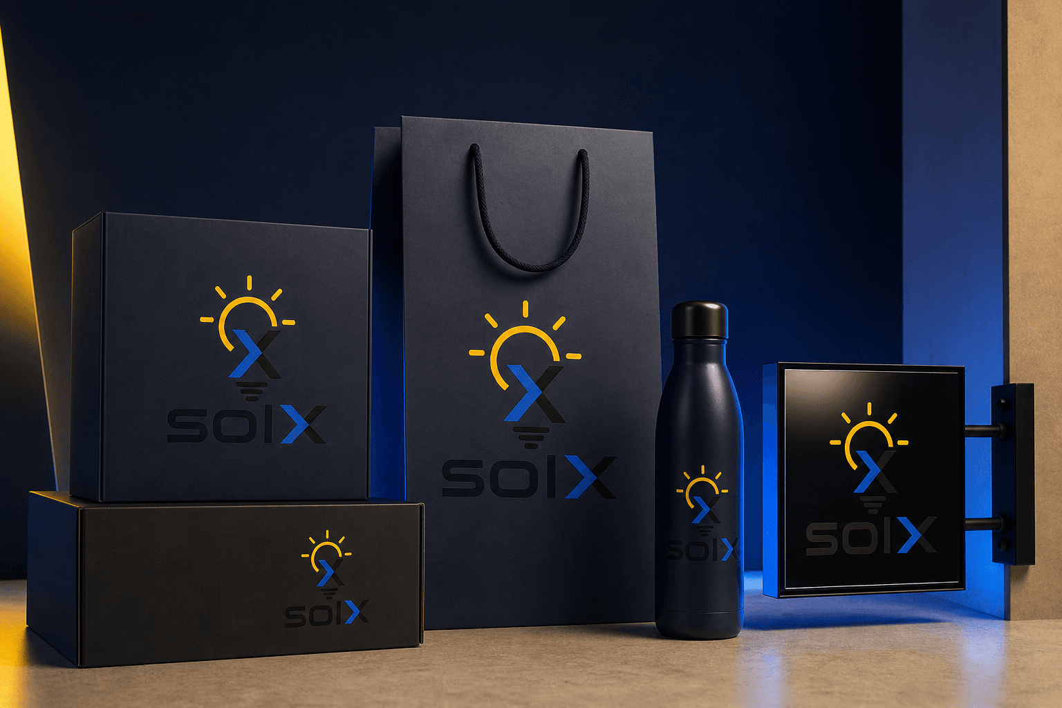 SolX branding applied to packaging, signage, and merchandise