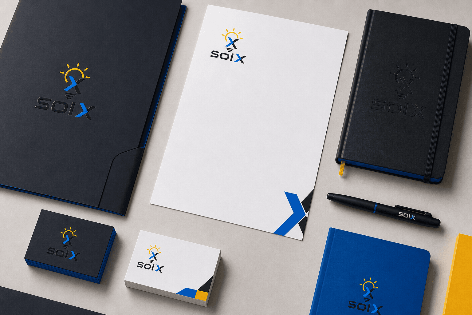 SolX brand identity applied to corporate stationery